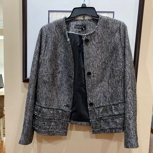 Talbots tweed ruffle trim wool blend jacket.